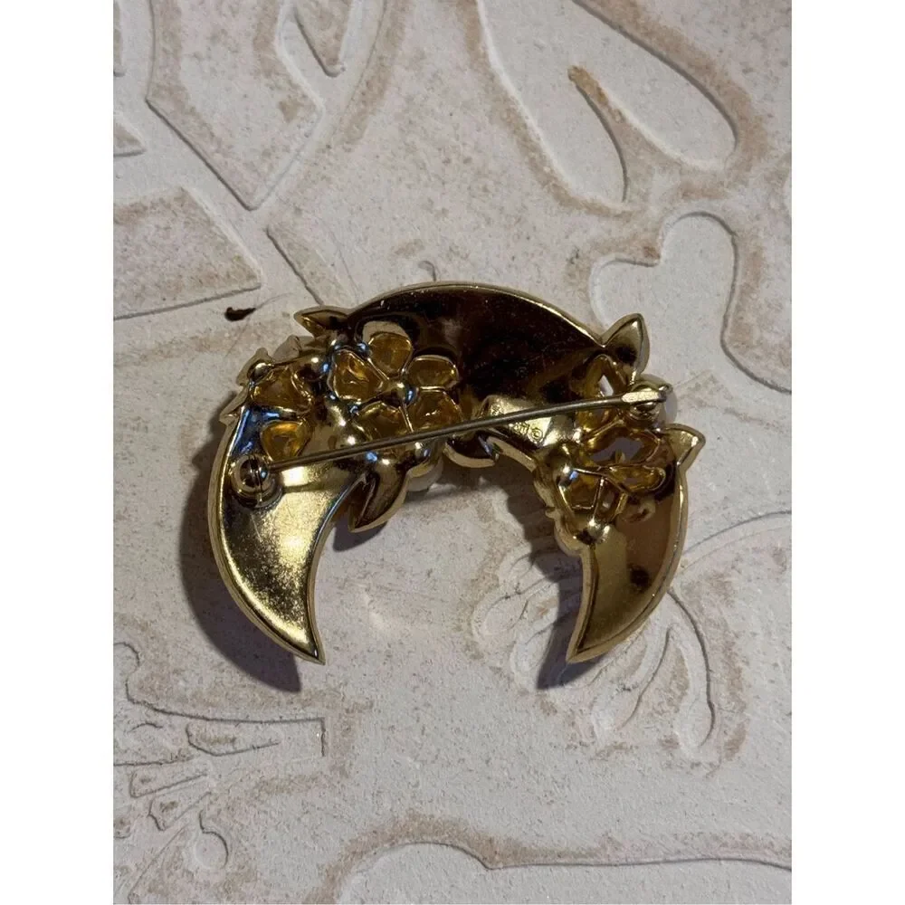 Crown  Trifari Crescent Moon Faux Pearls Brooch, signed